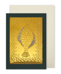 A greeting card by fabler's Press with a raised gold fish design on dark green card stock, shown with a plain off-white envelope behind it on a white background.