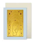 A greeting card by fabler's Press with a raised gold hand design on a muted blue cards tock, shown with a plain off-white envelope behind it on a white background.