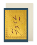 A navy blue greeting card with a raised gold foil panel of 2 swallows with red wings and a square motif border, shown with a cream envelope.